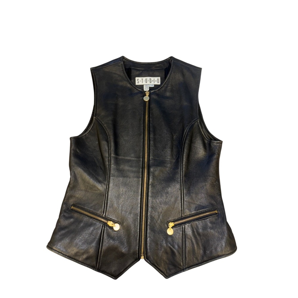 Studio Womens Black Leather Zip Up Vest Gold Hardware Large whimsigoth bikercore